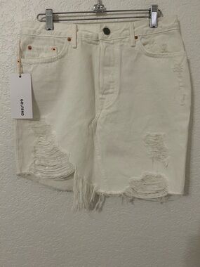 GRLFRND White Distressed Denim Skirt NWT Womens Size 29 High Rise Frayed Raw Hem